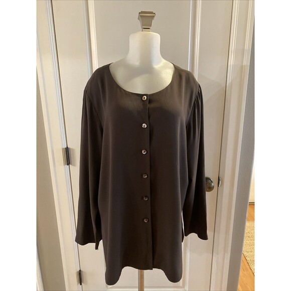 Eileen Fisher Silk L Brown Button Shirt‎ Jacket Lightweight Slits Sides - Picture 1 of 14